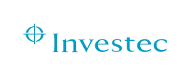 The slide showcases the logo of Investec, featuring the company's name in grey and blue letters alongside a blue compass symbol on the left.