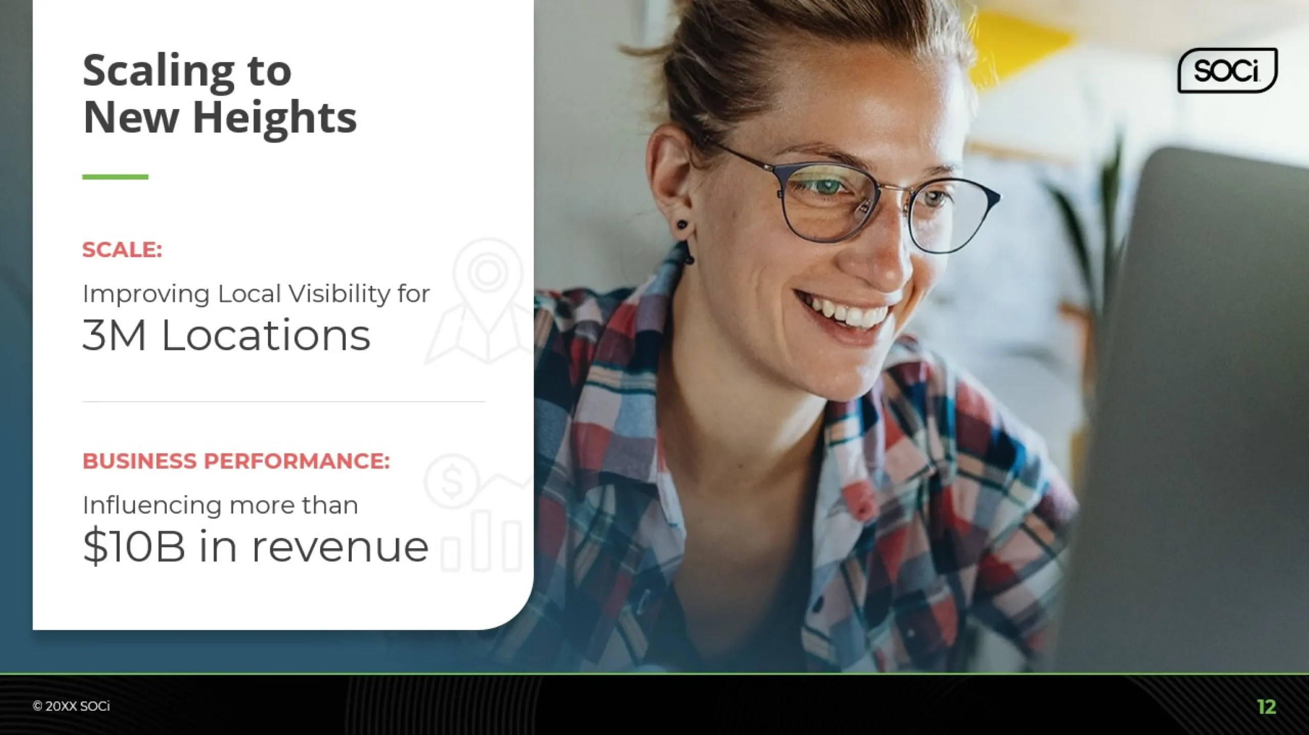 A person wearing glasses and a plaid shirt smiles while looking at a computer screen. The text on the left reads, “Scaling to New Heights,” highlighting stats on improving local visibility for 3M locations and influencing more than $10B in revenue. Ideal for use in a compelling pitch deck presentation.