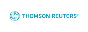 Logo of Thomson Reuters featuring a circular abstract design on the left and the text 