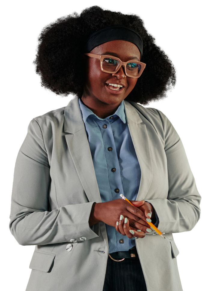 A person with an afro hairstyle and glasses is wearing a light gray blazer over a blue shirt. They are holding a pencil and, with the confident demeanor of sales presentations experts, appear to be speaking or gesturing with a friendly expression.