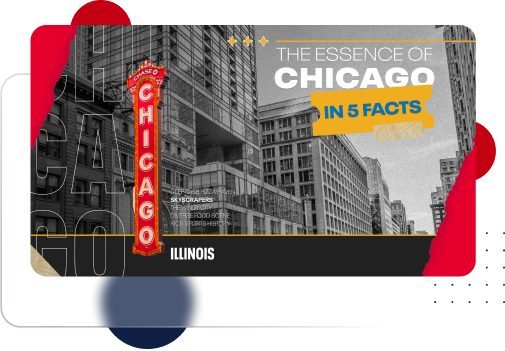 Image of a stylized postcard showcasing Chicago's iconic design, featuring a vintage theater marquee sign and towering city buildings. Text reads, "The Essence of Chicago in 5 Facts." The color scheme pops with red, yellow, and blue accents. Perfect inspiration for your next PowerPoint presentation.