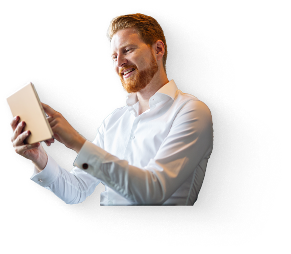 A smiling man with a beard, wearing a white shirt, looks at a tablet in his hands, possibly reviewing glowing testimonials. The background is removed, leaving a soft shadow around him to highlight his focused expression.